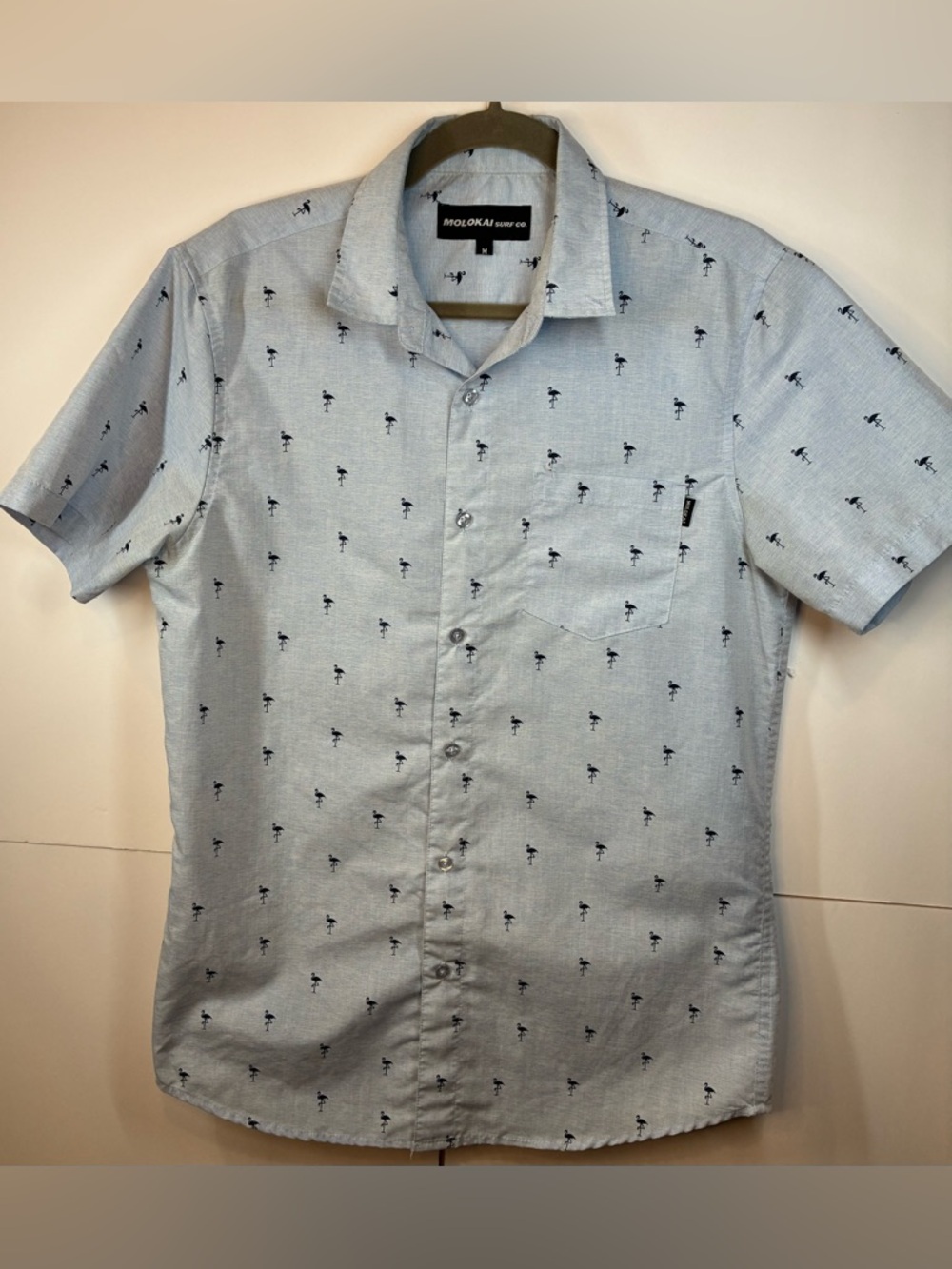 Molokai Surf Co Button Front Shirt Mens Medium Blue Flamingo Print Short Sleeve